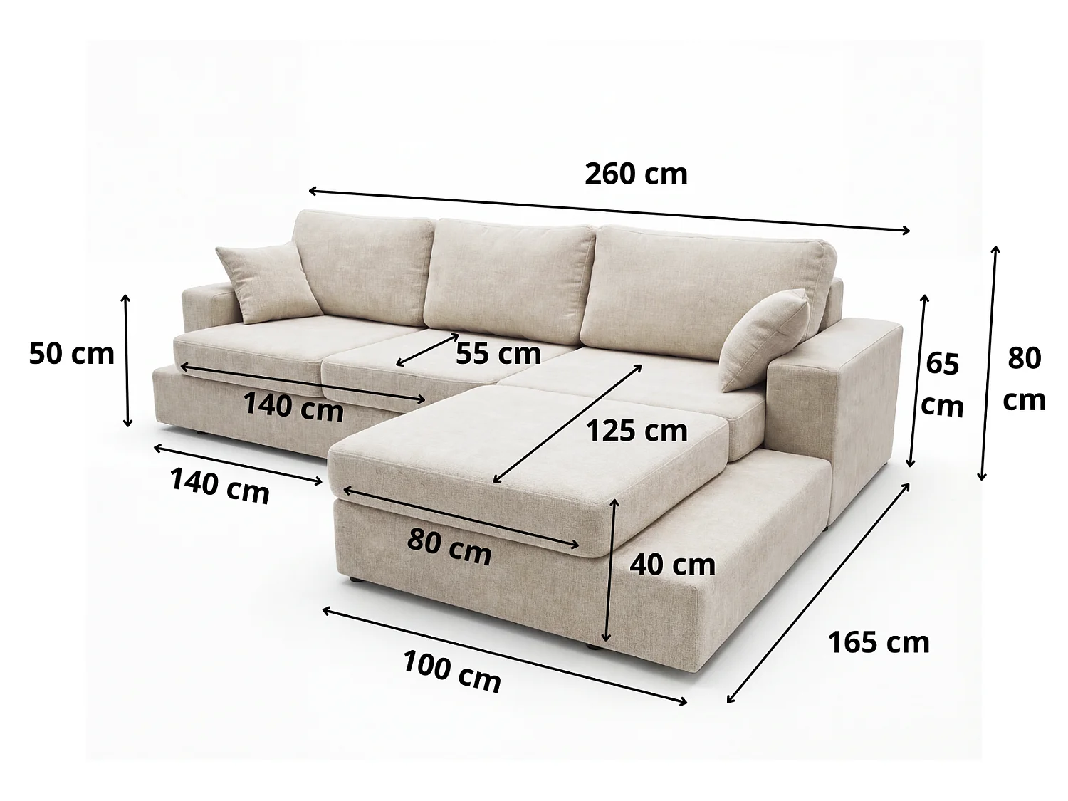 Canapé d'angle moelleux Fidenzo 260 cm, gauche, non convertible, design moderne, gris