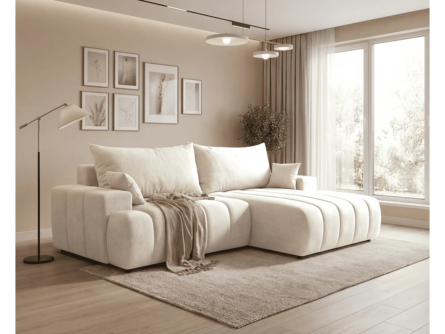 Canapé d'angle Hago 270 cm avec coffre de rangement, canapé convertible moderne, droite, crème