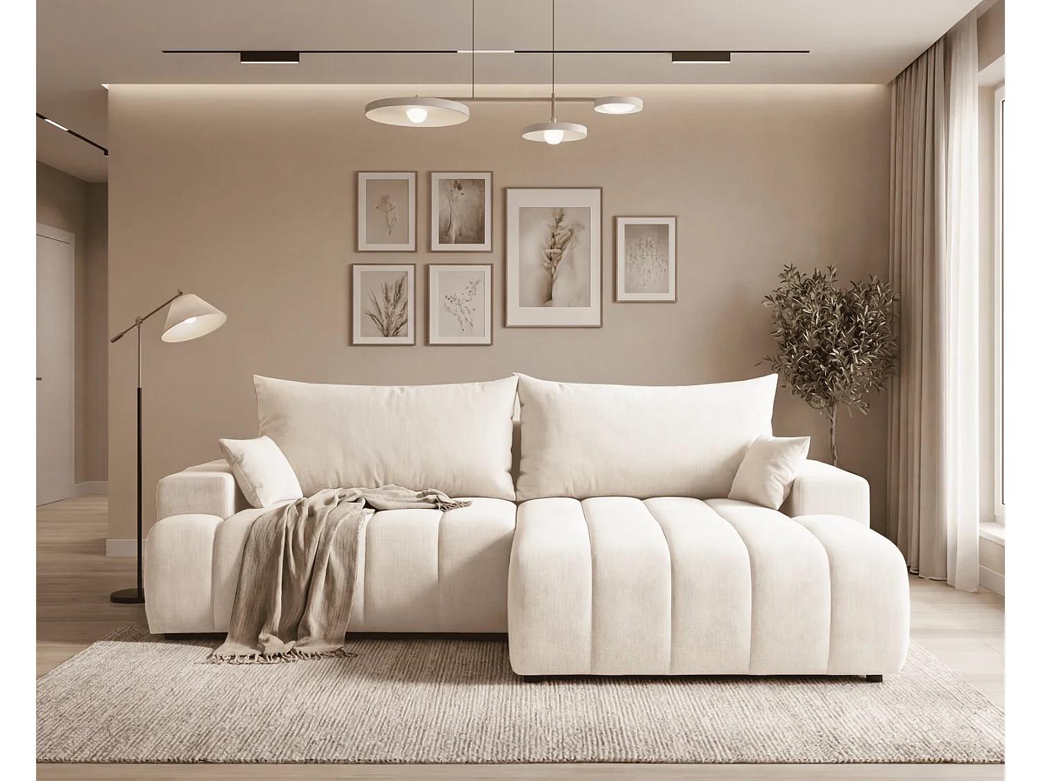 Canapé d'angle Hago 270 cm avec coffre de rangement, canapé convertible moderne, droite, crème