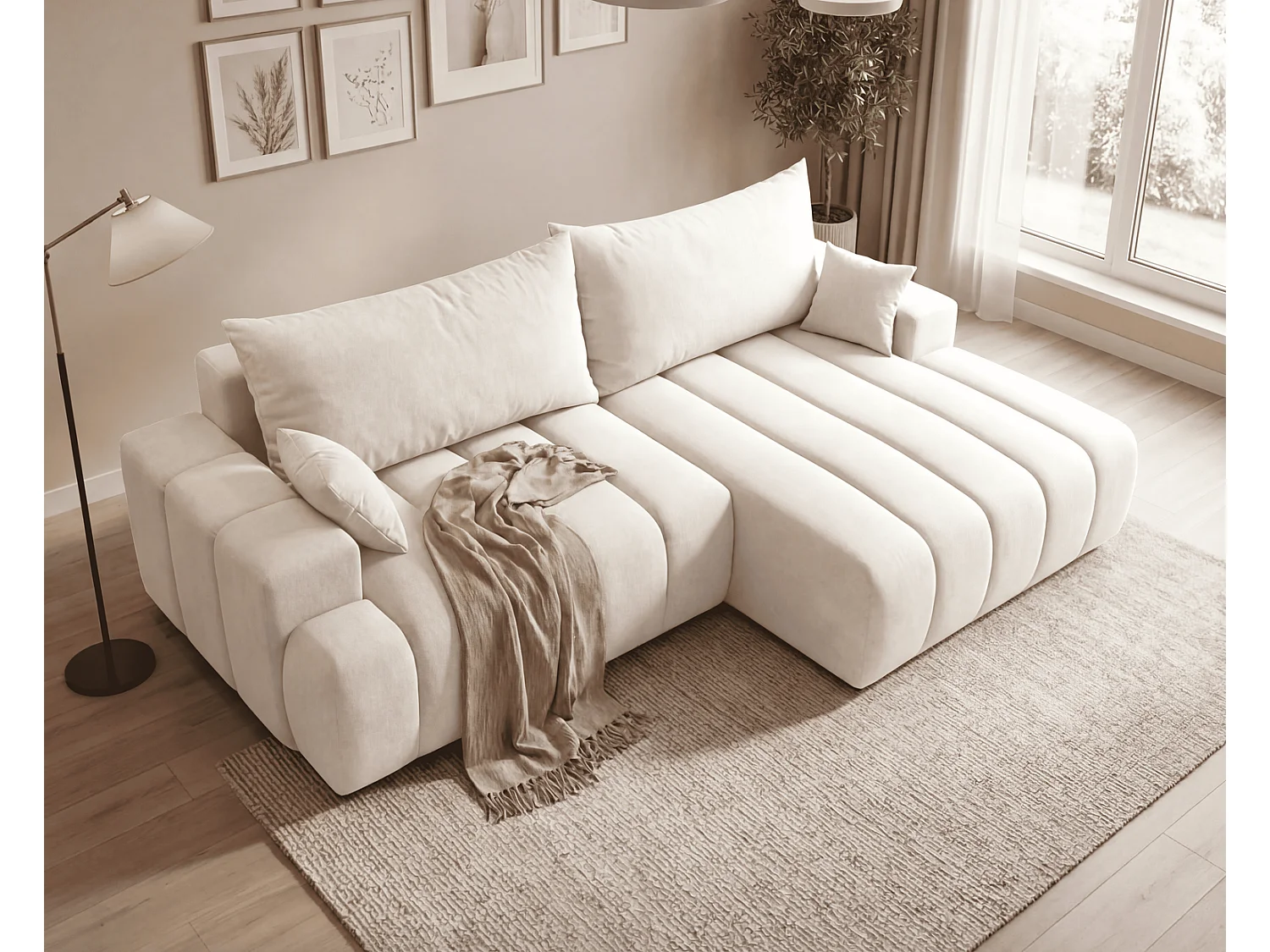 Canapé d'angle Hago 270 cm avec coffre de rangement, canapé convertible moderne, droite, crème