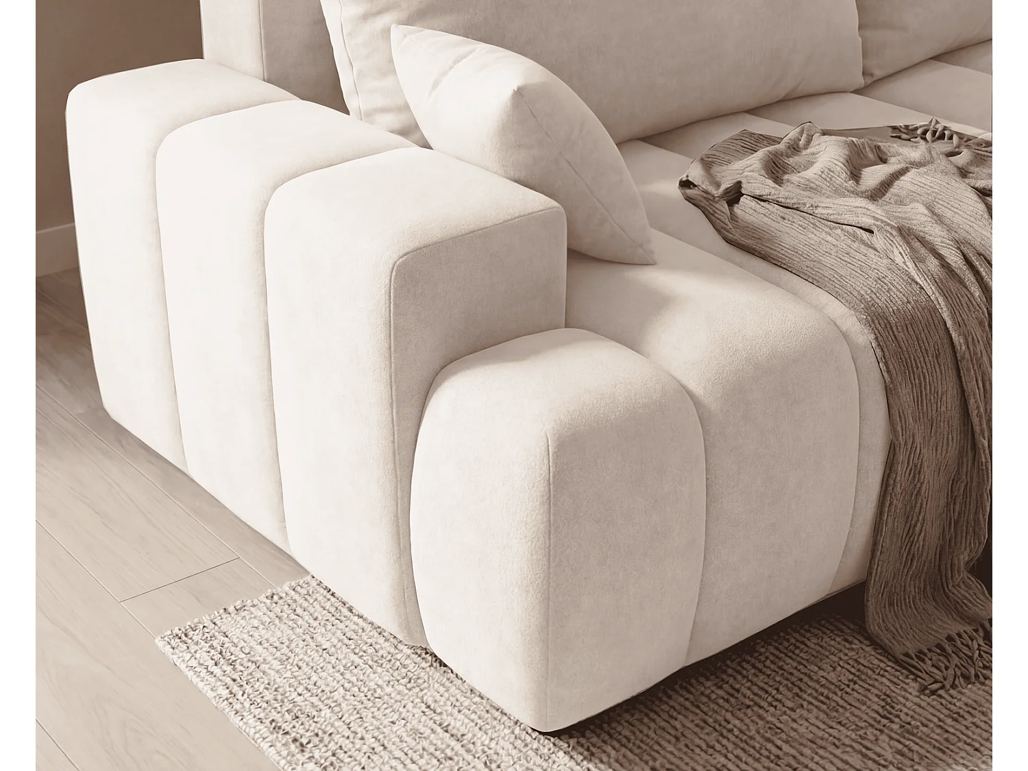 Canapé d'angle Hago 270 cm avec coffre de rangement, canapé convertible moderne, droite, crème