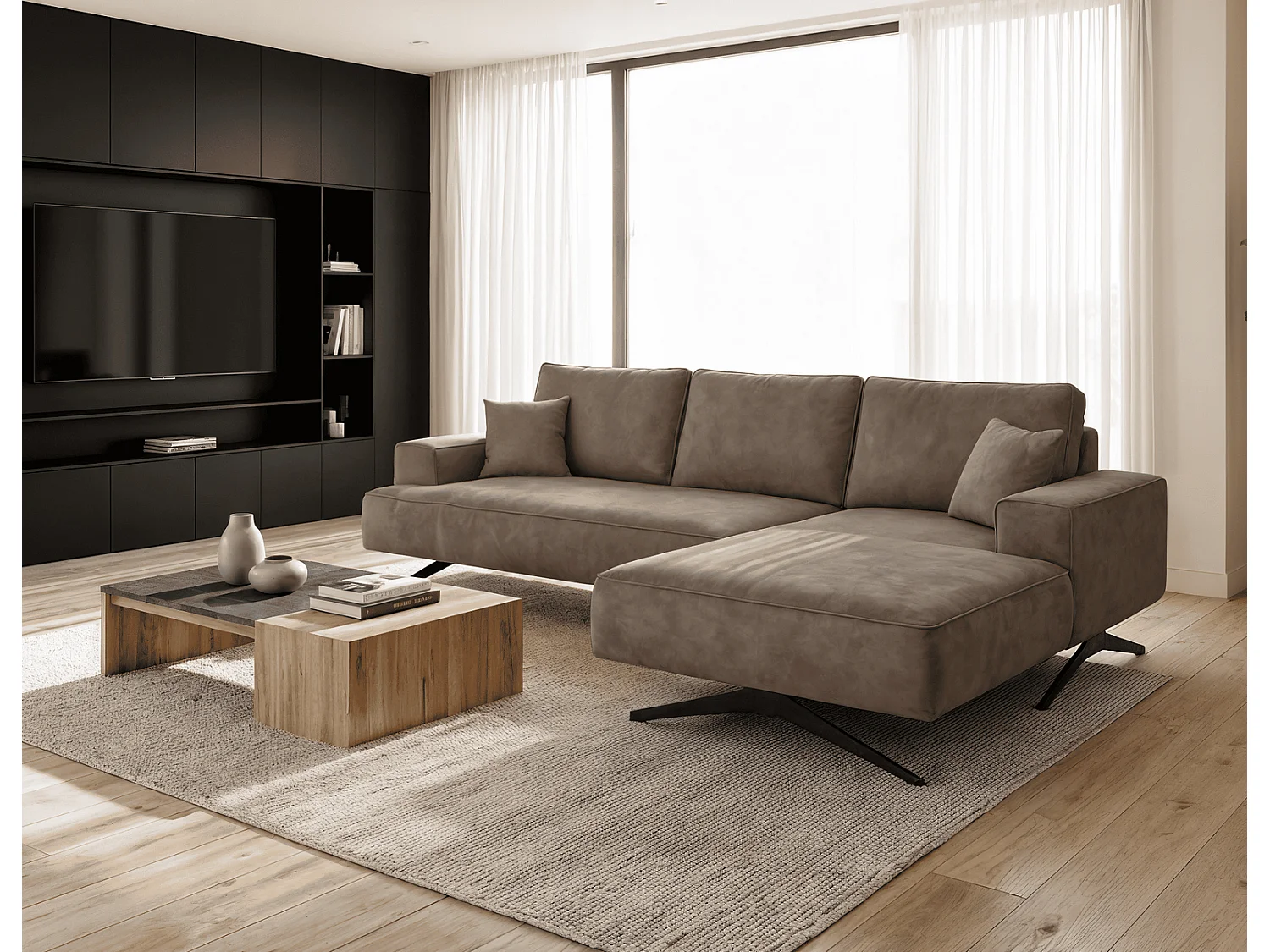 Ecksofa Zenaro in L-Form auf Füßen - modernes Design, Sofa 260 cm, rechts, Braun