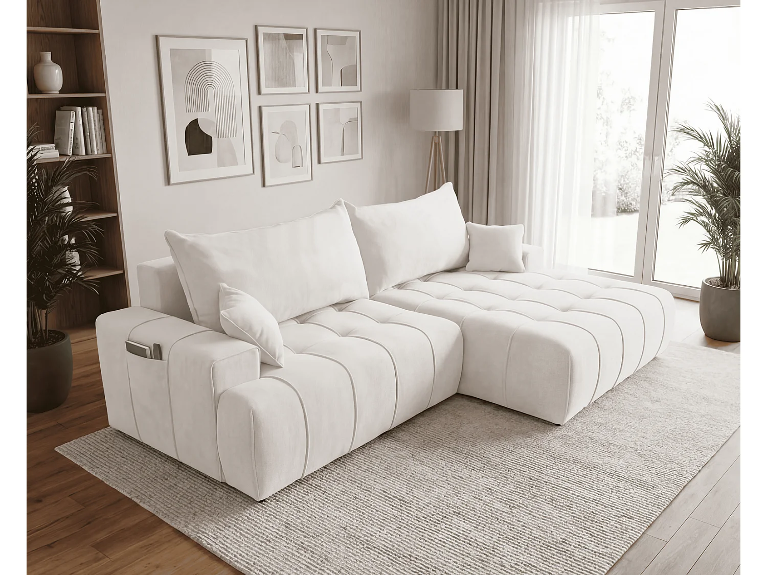 Canapé d'angle moderne Arvio 270 cm, convertible avec rangement, canapé design pour salon, droite, crème