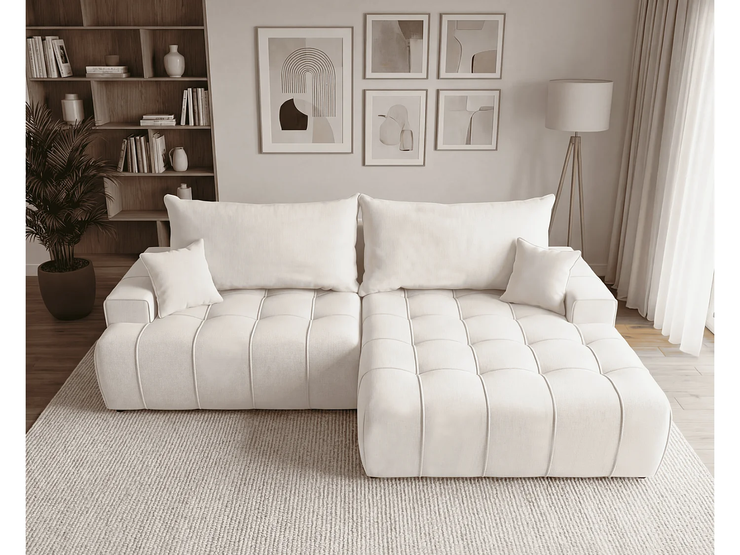 Canapé d'angle moderne Arvio 270 cm, convertible avec rangement, canapé design pour salon, droite, crème