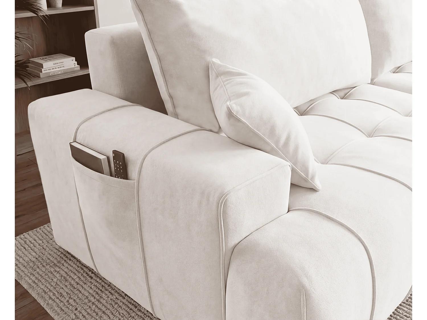 Canapé d'angle moderne Arvio 270 cm, convertible avec rangement, canapé design pour salon, droite, crème