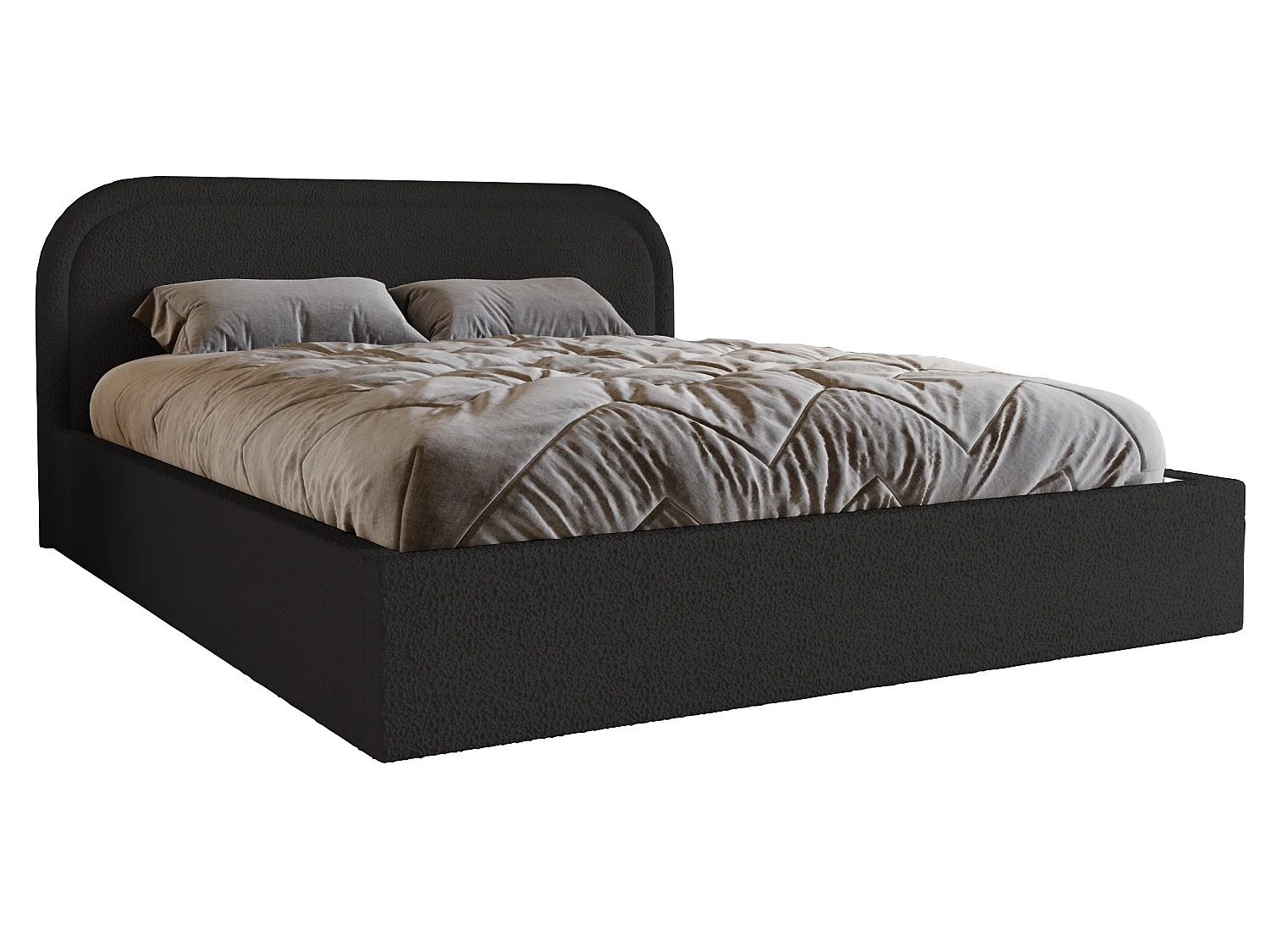 Lit bouclé 160x200 Dune avec tête de lit arrondie, coffre de rangement, sommier à lattes, Noir