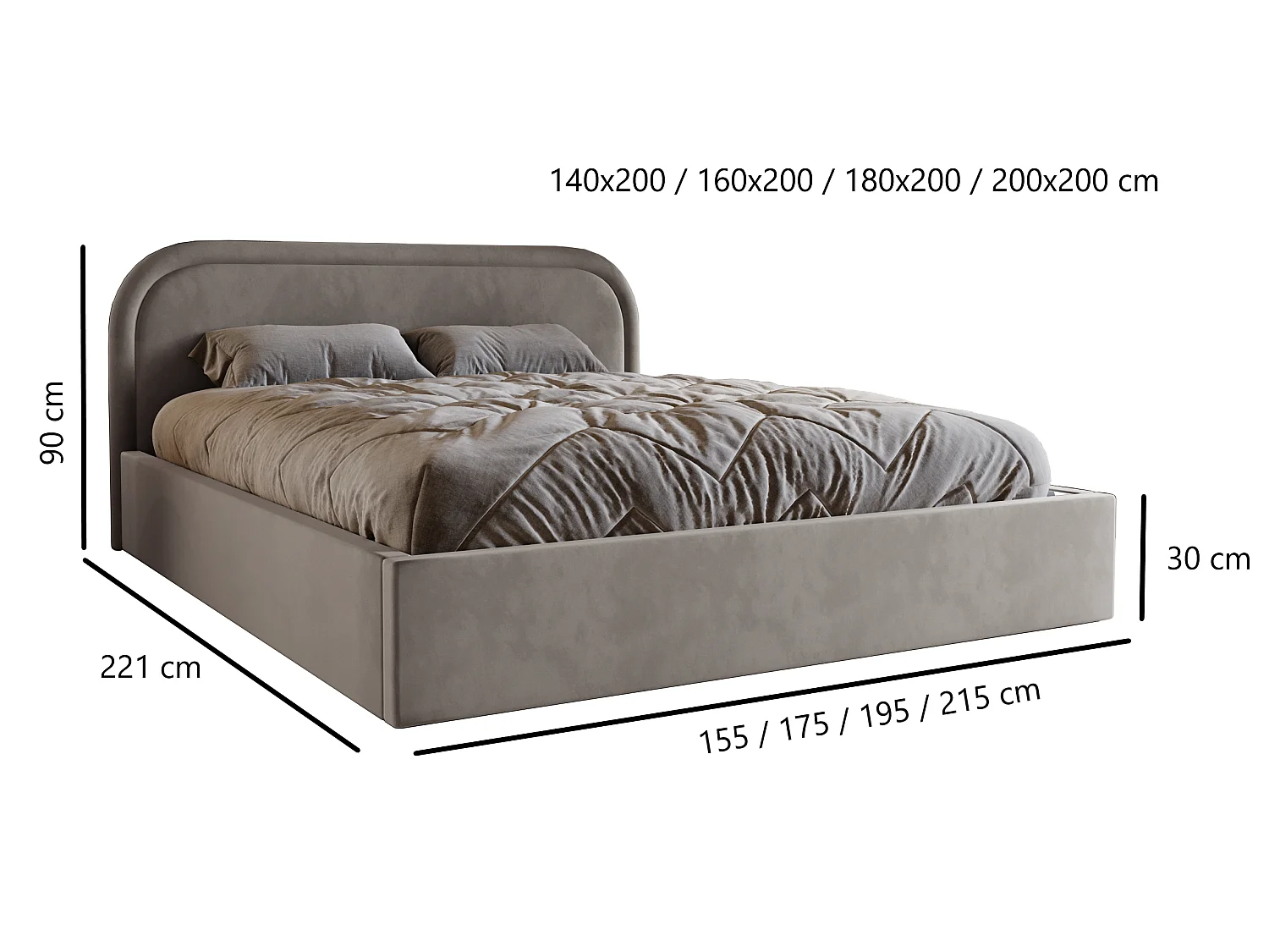 Lit bouclé 160x200 Dune avec tête de lit arrondie, coffre de rangement, sommier à lattes, Noir