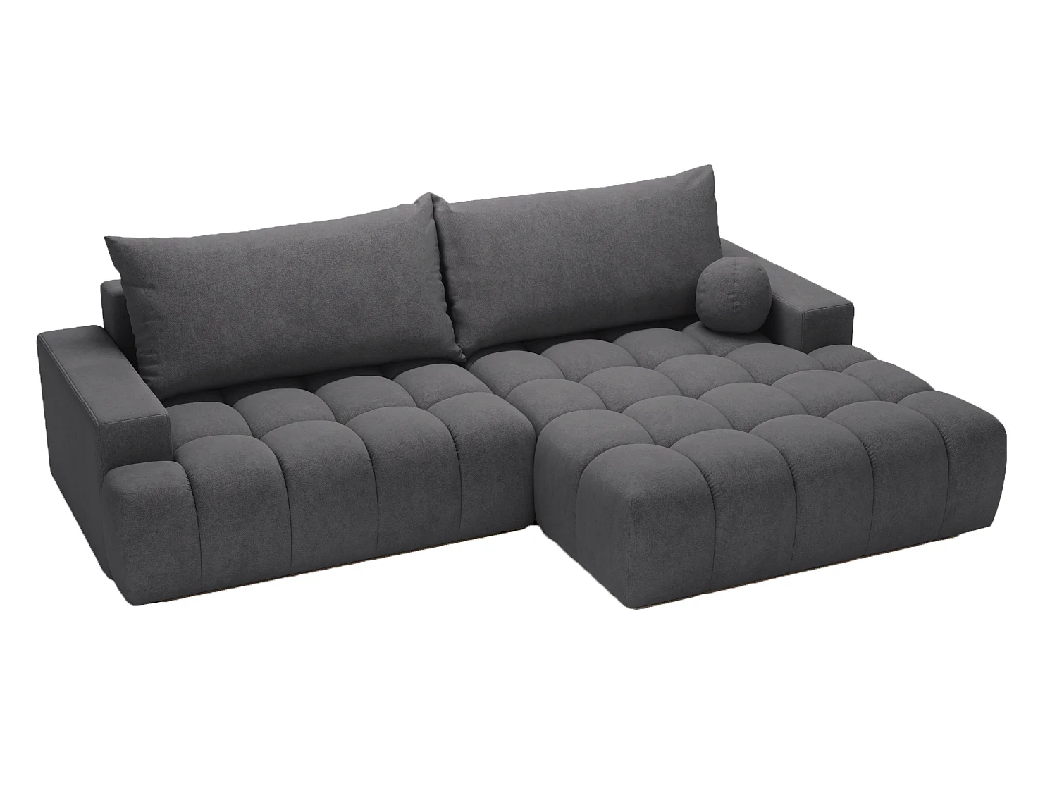 Canapé d'angle convertible Novira 270 cm pour salon, style moderne, coffre de rangement, coussins, droite, gris foncé