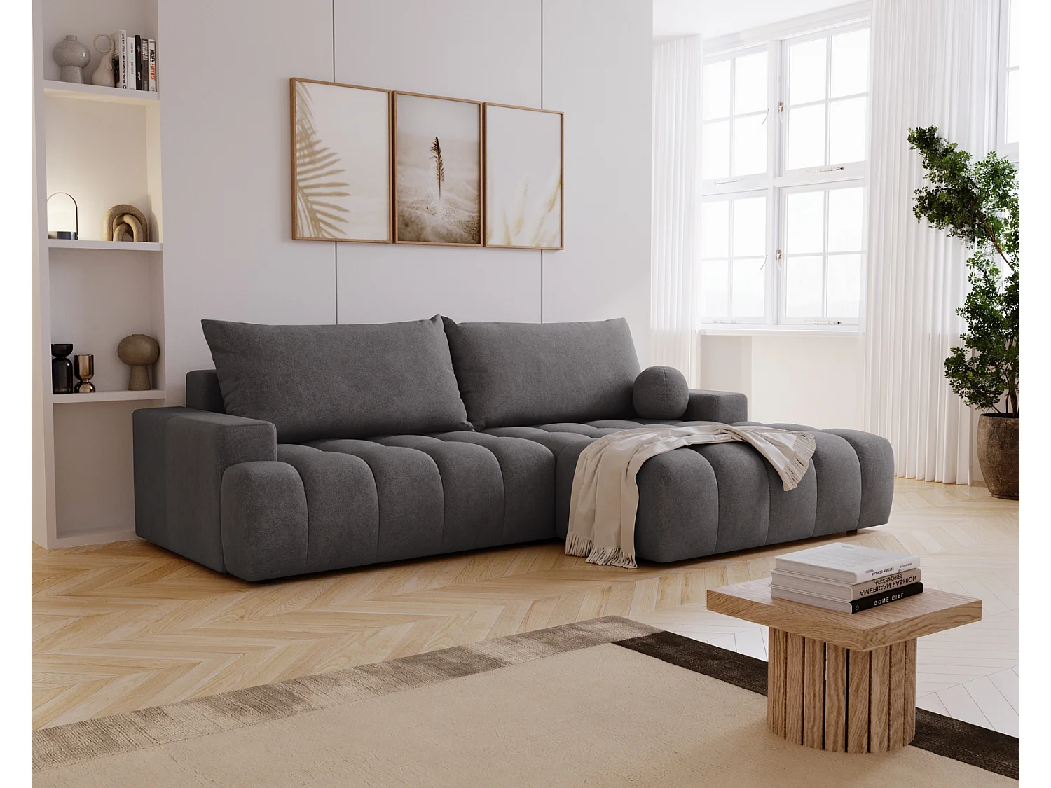 Canapé d'angle convertible Novira 270 cm pour salon, style moderne, coffre de rangement, coussins, droite, gris foncé