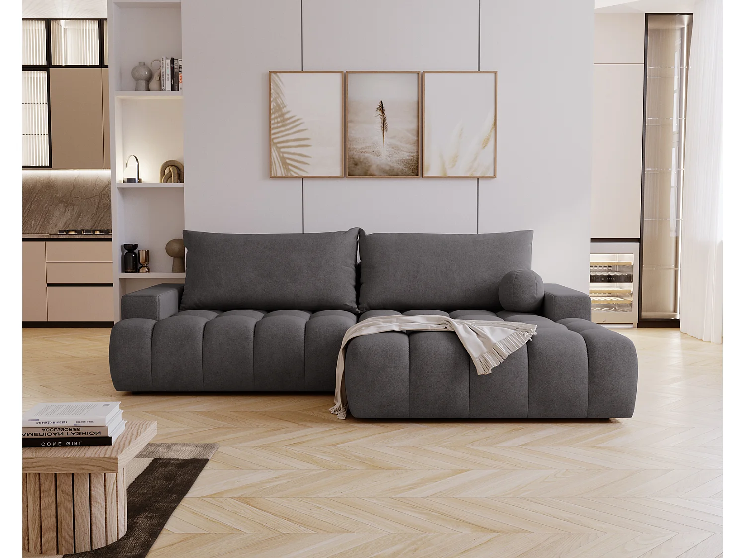 Canapé d'angle convertible Novira 270 cm pour salon, style moderne, coffre de rangement, coussins, droite, gris foncé