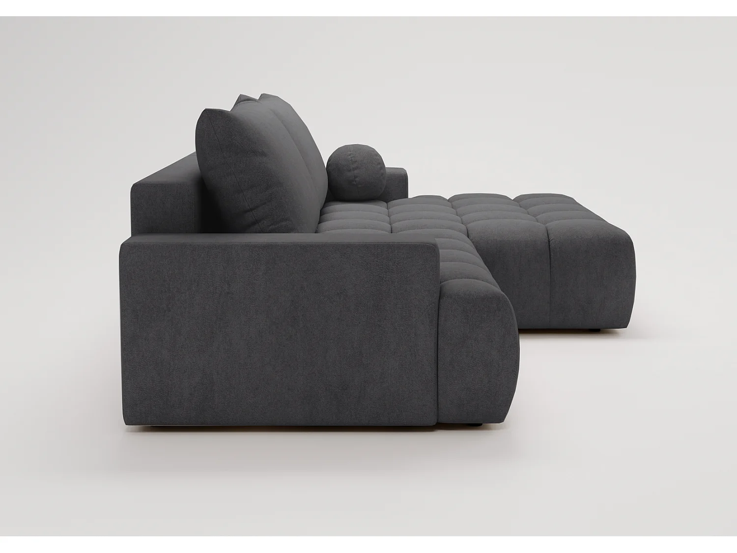 Canapé d'angle convertible Novira 270 cm pour salon, style moderne, coffre de rangement, coussins, droite, gris foncé