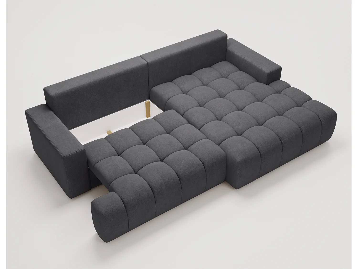 Canapé d'angle convertible Novira 270 cm pour salon, style moderne, coffre de rangement, coussins, droite, gris foncé