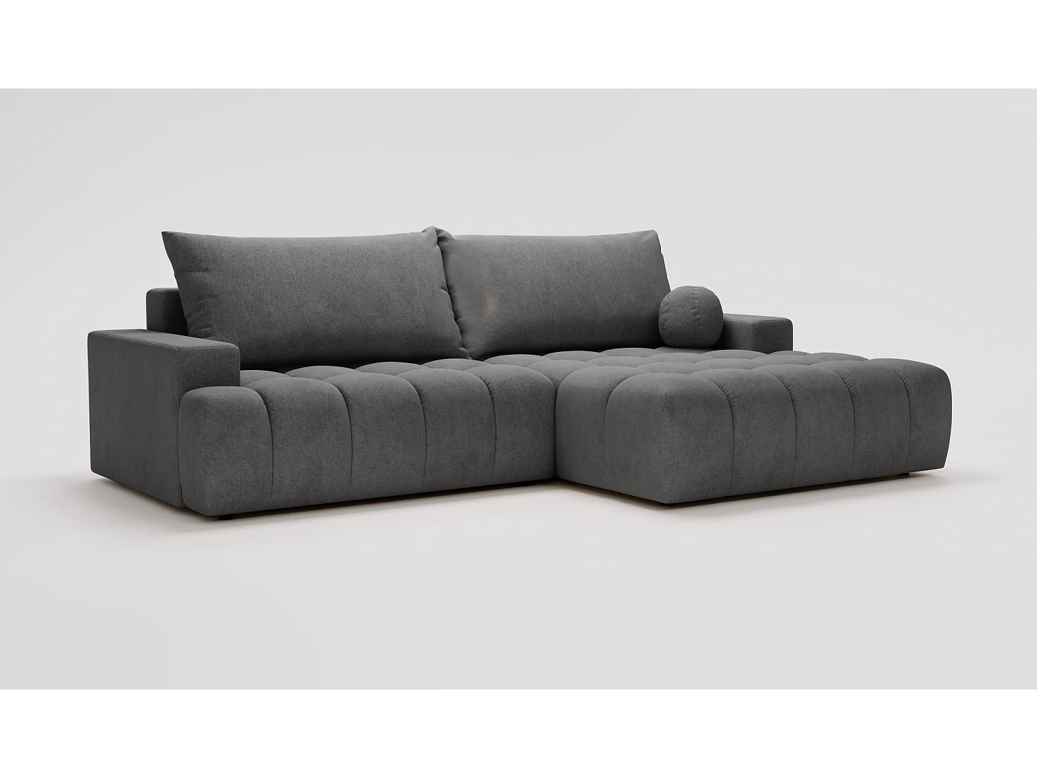 Canapé d'angle convertible Novira 270 cm pour salon, style moderne, coffre de rangement, coussins, droite, gris foncé