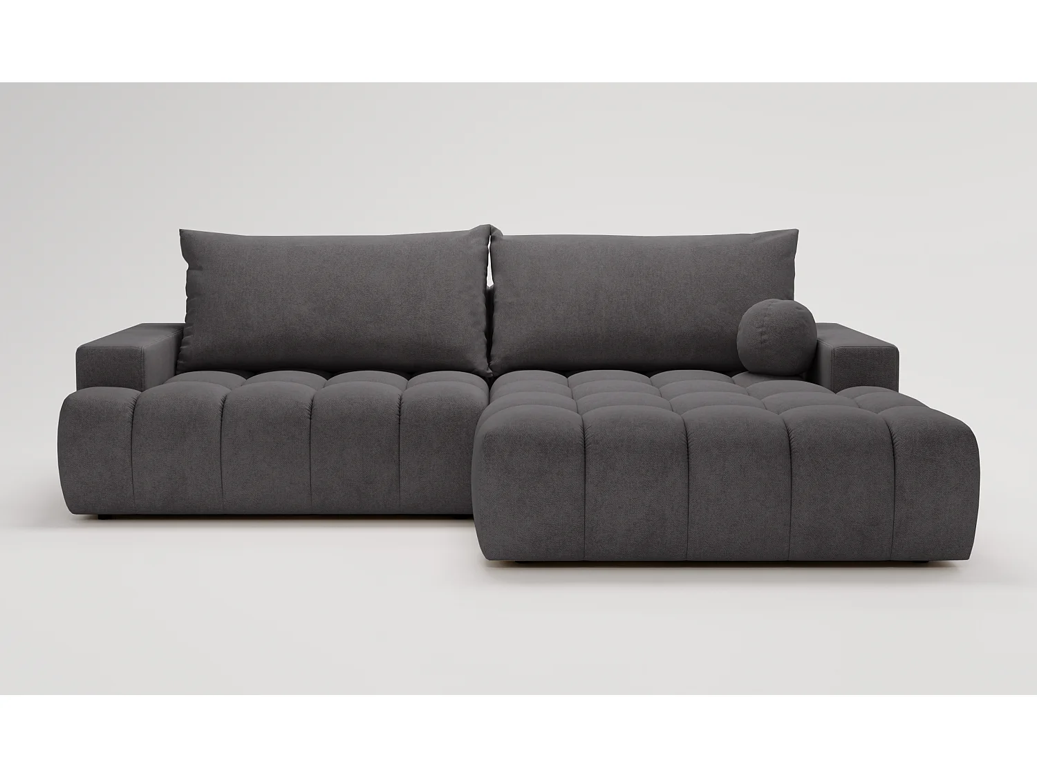 Canapé d'angle convertible Novira 270 cm pour salon, style moderne, coffre de rangement, coussins, droite, gris foncé