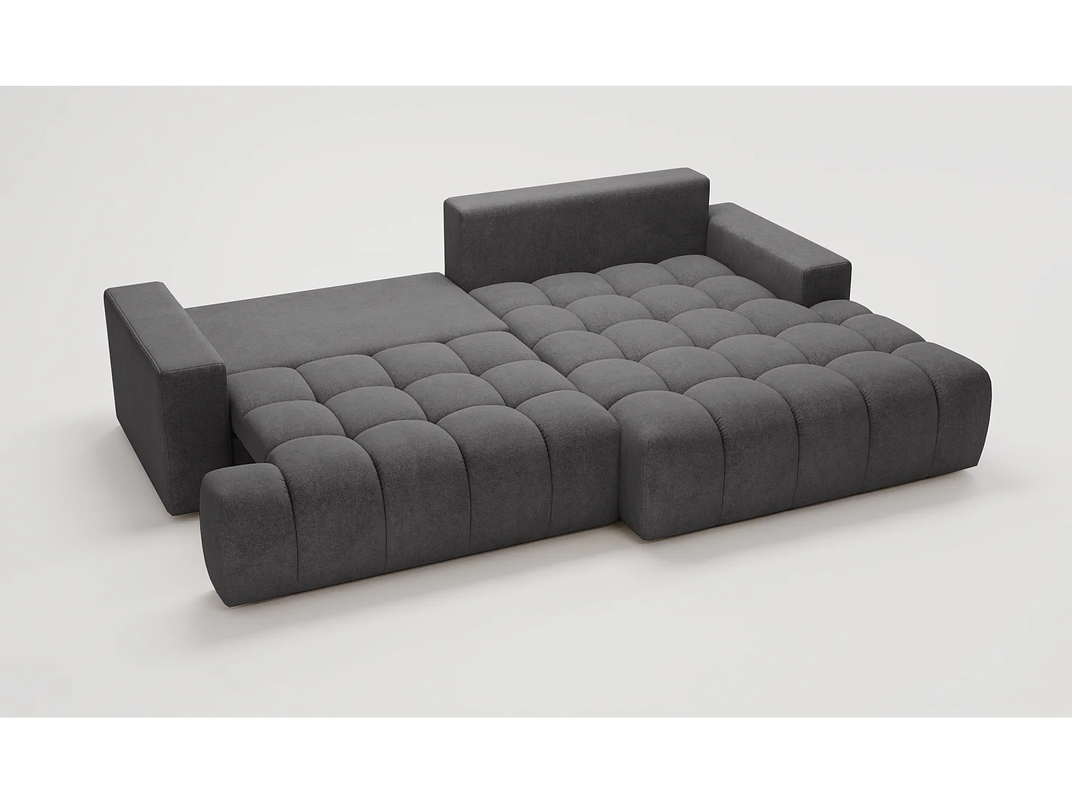 Canapé d'angle convertible Novira 270 cm pour salon, style moderne, coffre de rangement, coussins, droite, gris foncé