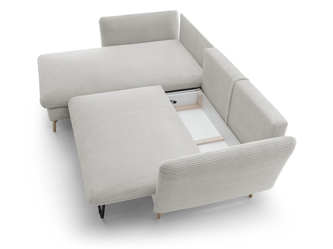 Canapé d'angle convertible Savona 260 cm, velours côtelé, gauche - canapé d'angle avec coffre de rangement, vanille
