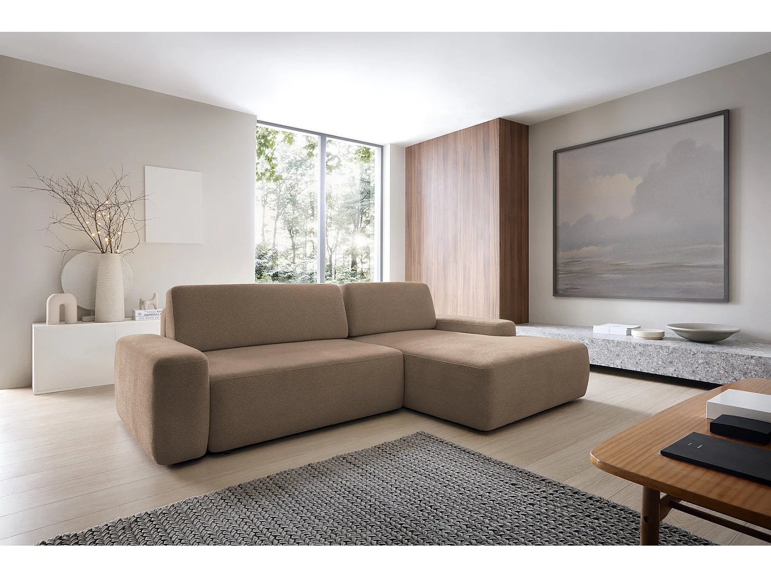 Canapé d'angle Orea M 265 cm convertible - formes arrondies, design moderne, canapé d'angle avec rangement, droite, brun