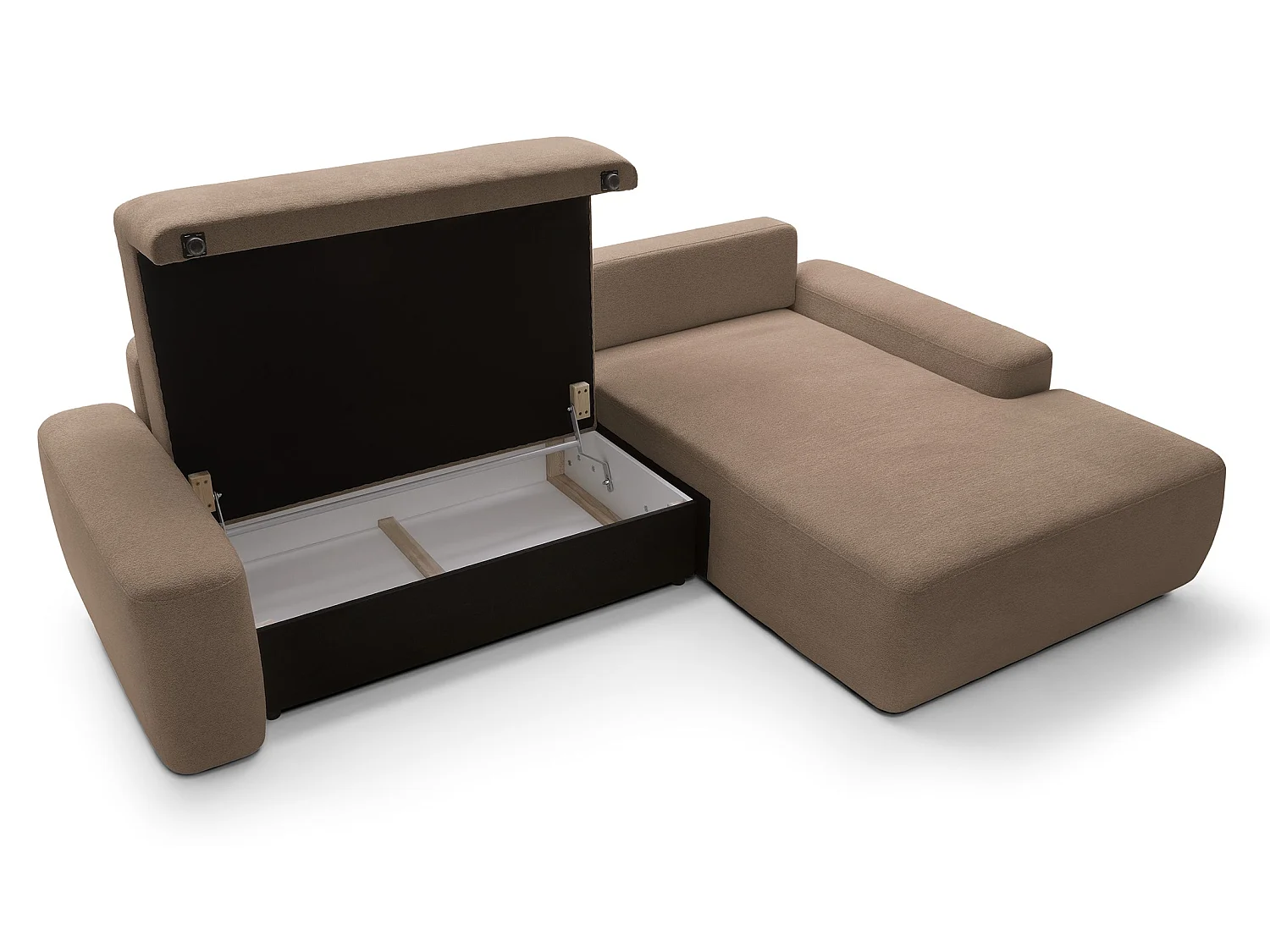 Canapé d'angle Orea M 265 cm convertible - formes arrondies, design moderne, canapé d'angle avec rangement, droite, brun