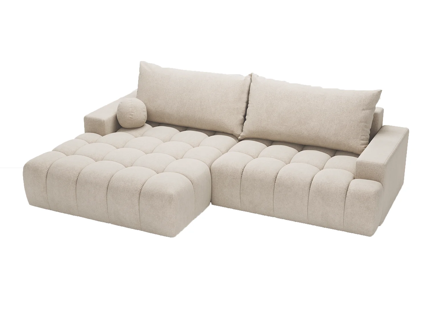 Canapé d'angle convertible Novira 270 cm pour salon, style moderne, coffre de rangement, coussins, gauche, crème