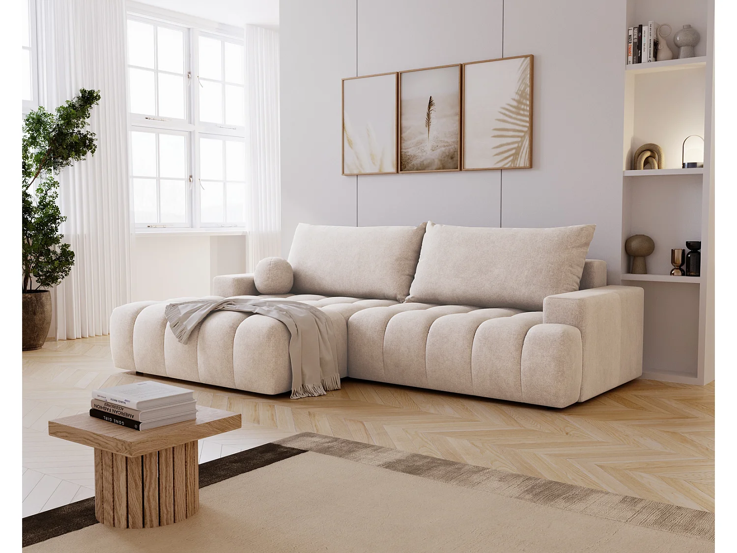 Canapé d'angle convertible Novira 270 cm pour salon, style moderne, coffre de rangement, coussins, gauche, crème
