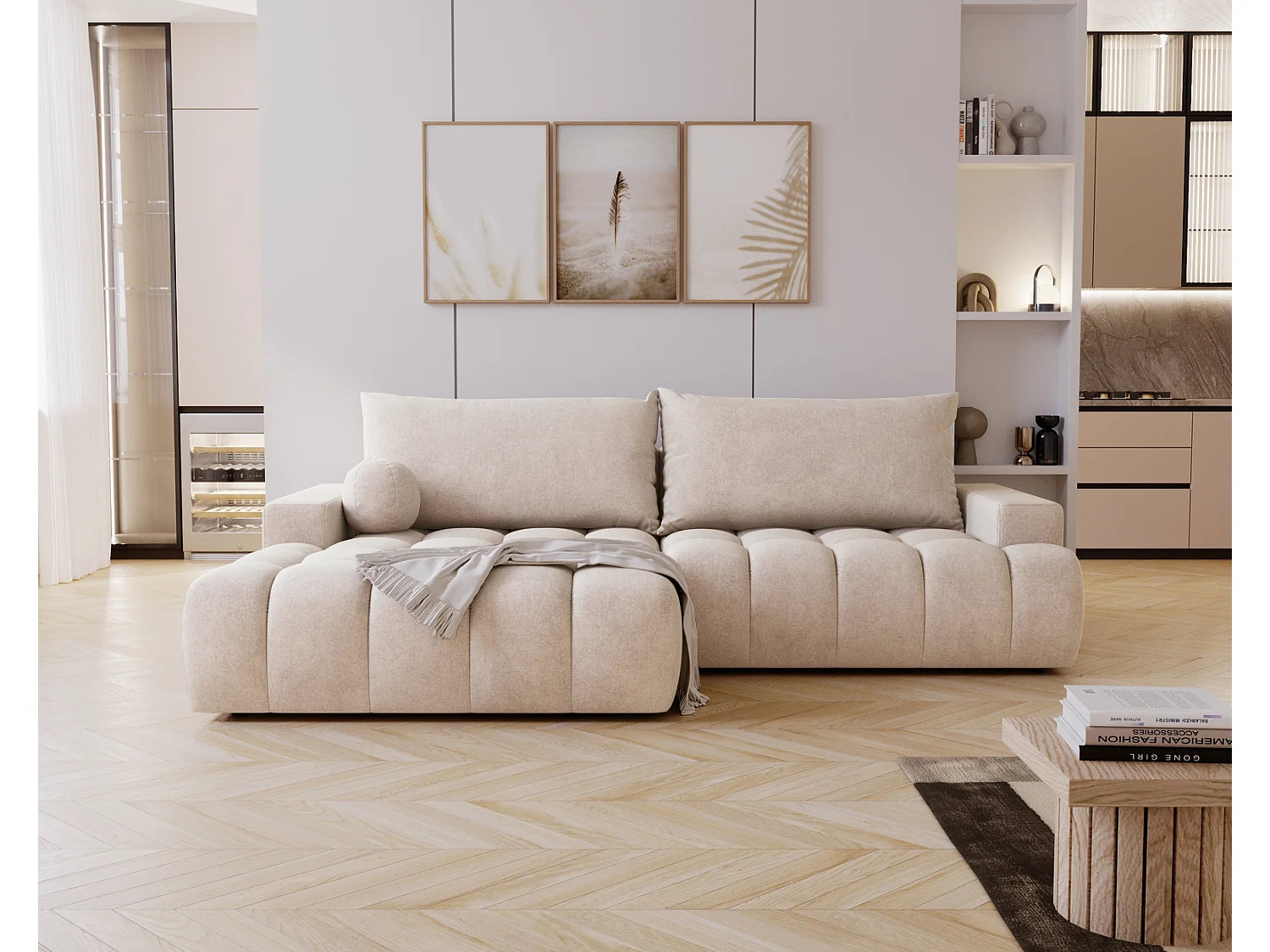 Canapé d'angle convertible Novira 270 cm pour salon, style moderne, coffre de rangement, coussins, gauche, crème