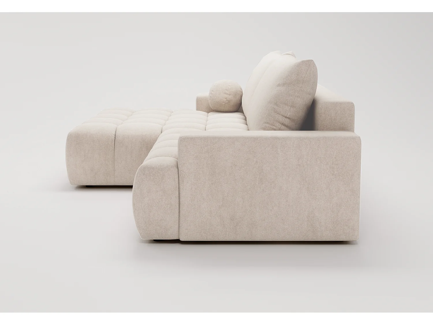 Canapé d'angle convertible Novira 270 cm pour salon, style moderne, coffre de rangement, coussins, gauche, crème