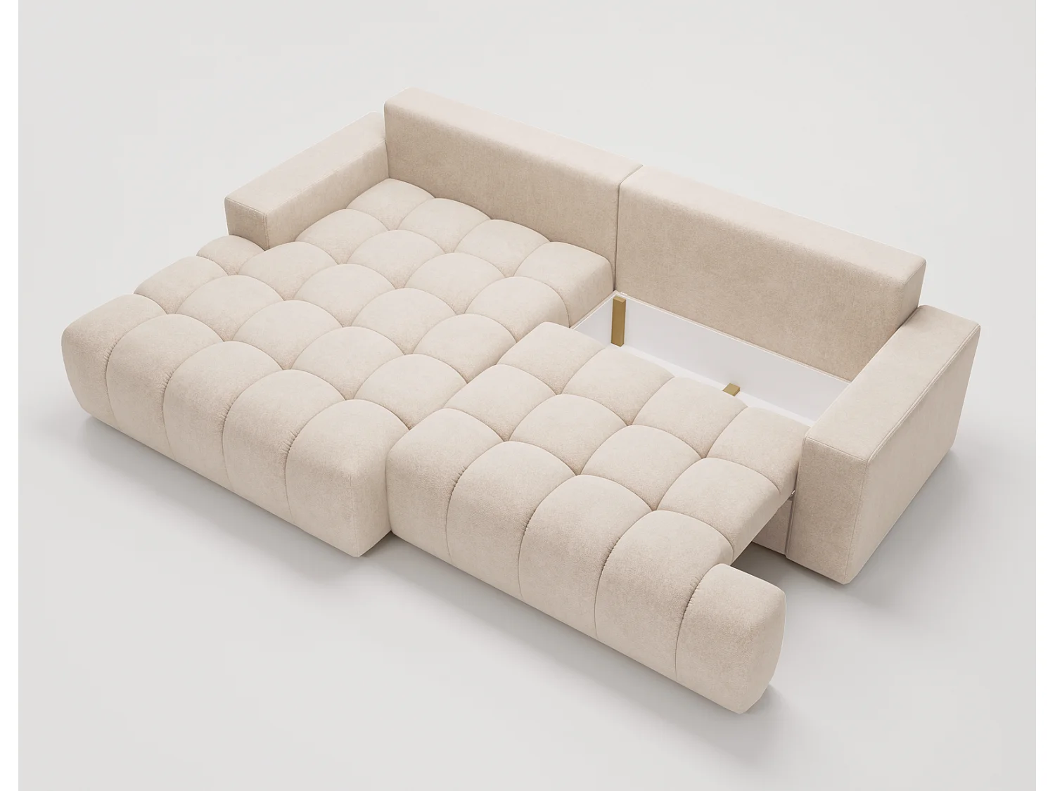 Canapé d'angle convertible Novira 270 cm pour salon, style moderne, coffre de rangement, coussins, gauche, crème