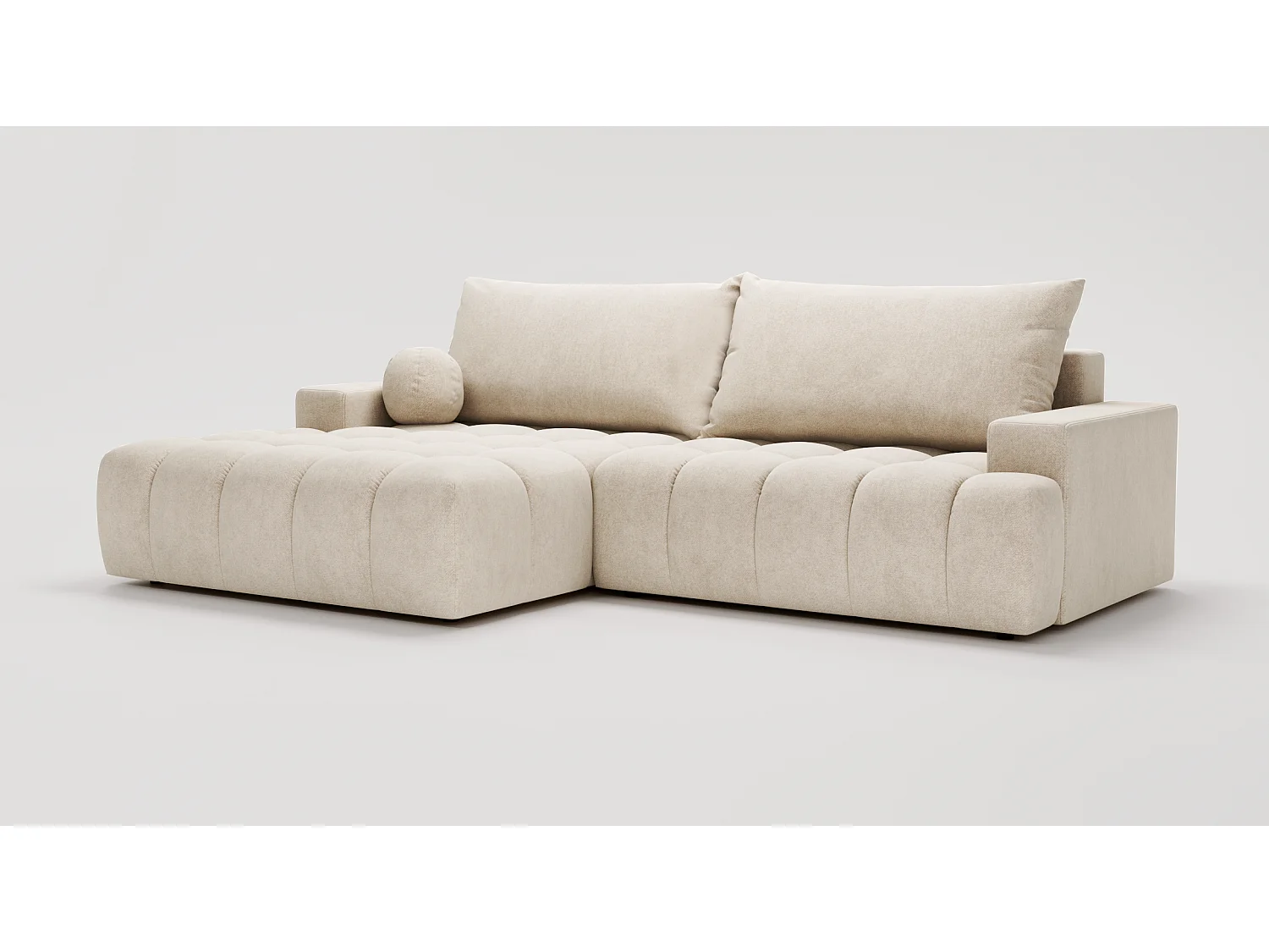 Canapé d'angle convertible Novira 270 cm pour salon, style moderne, coffre de rangement, coussins, gauche, crème