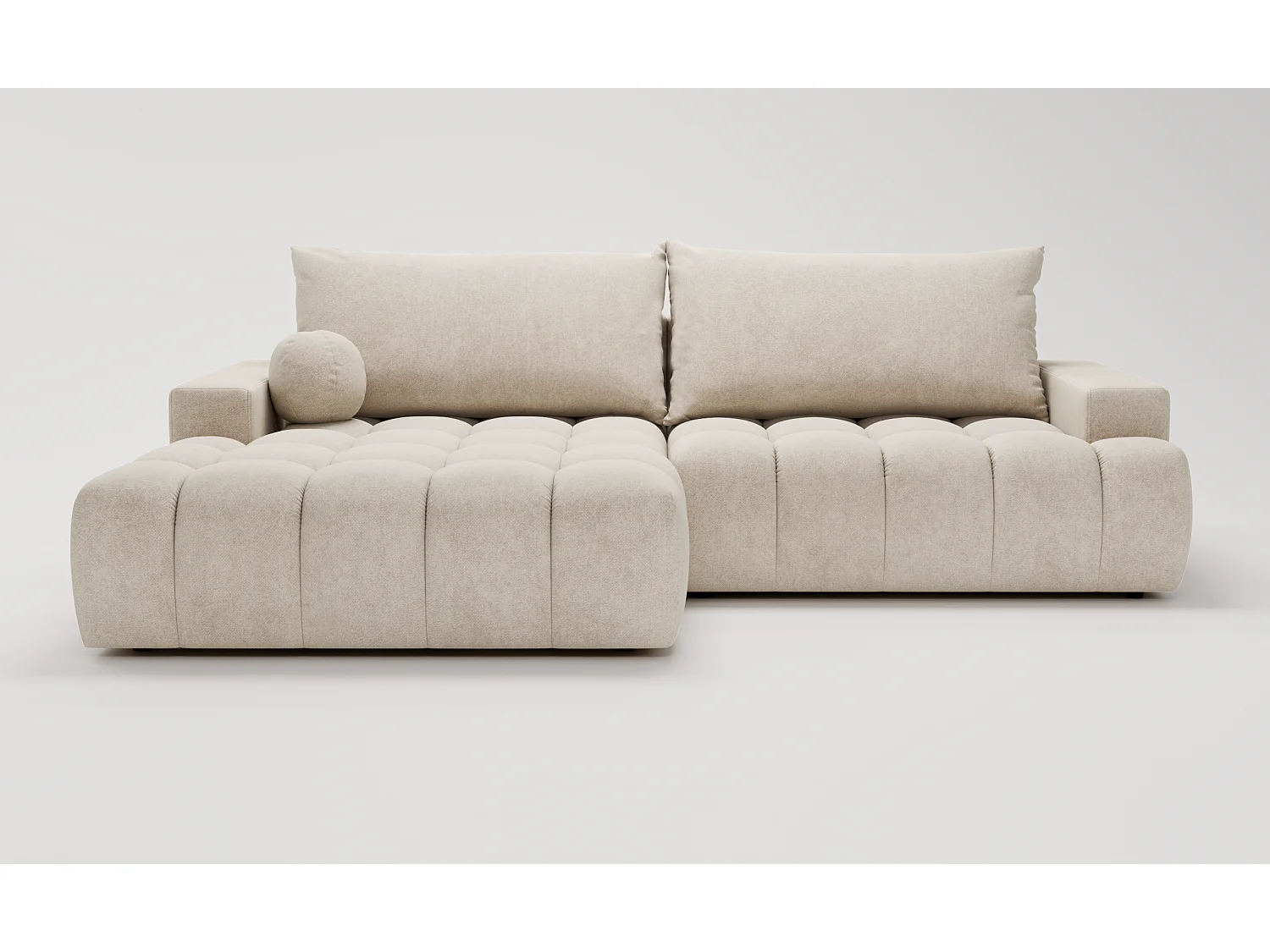Canapé d'angle convertible Novira 270 cm pour salon, style moderne, coffre de rangement, coussins, gauche, crème