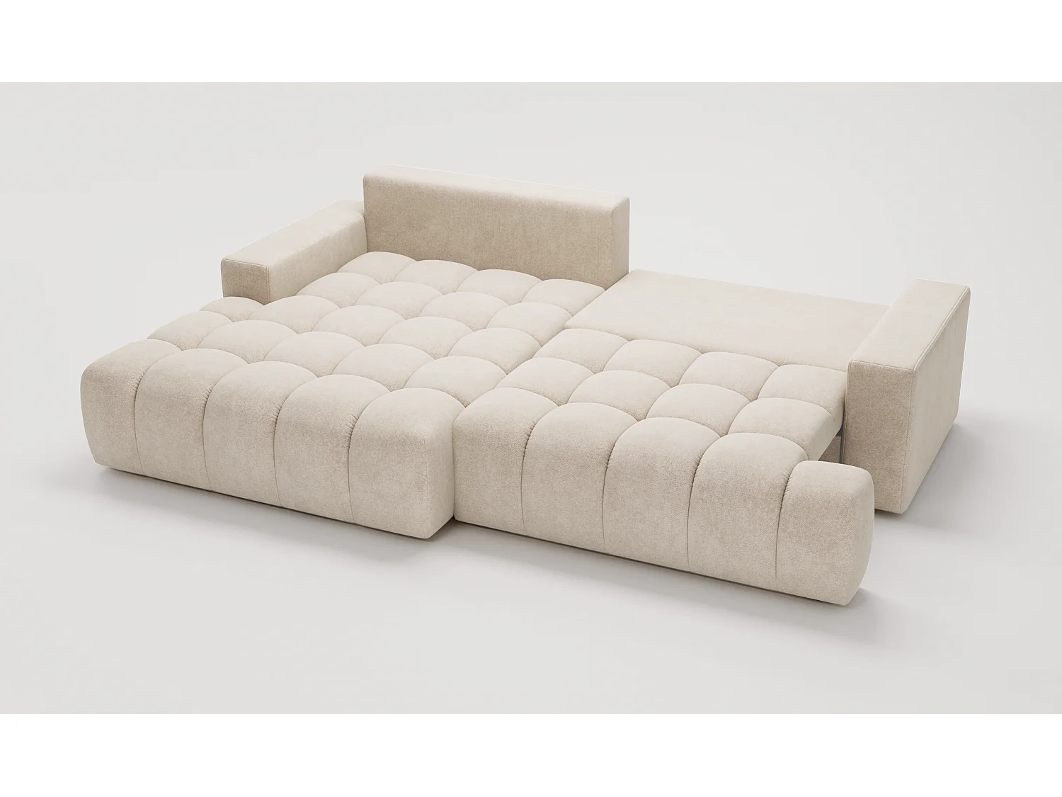 Canapé d'angle convertible Novira 270 cm pour salon, style moderne, coffre de rangement, coussins, gauche, crème