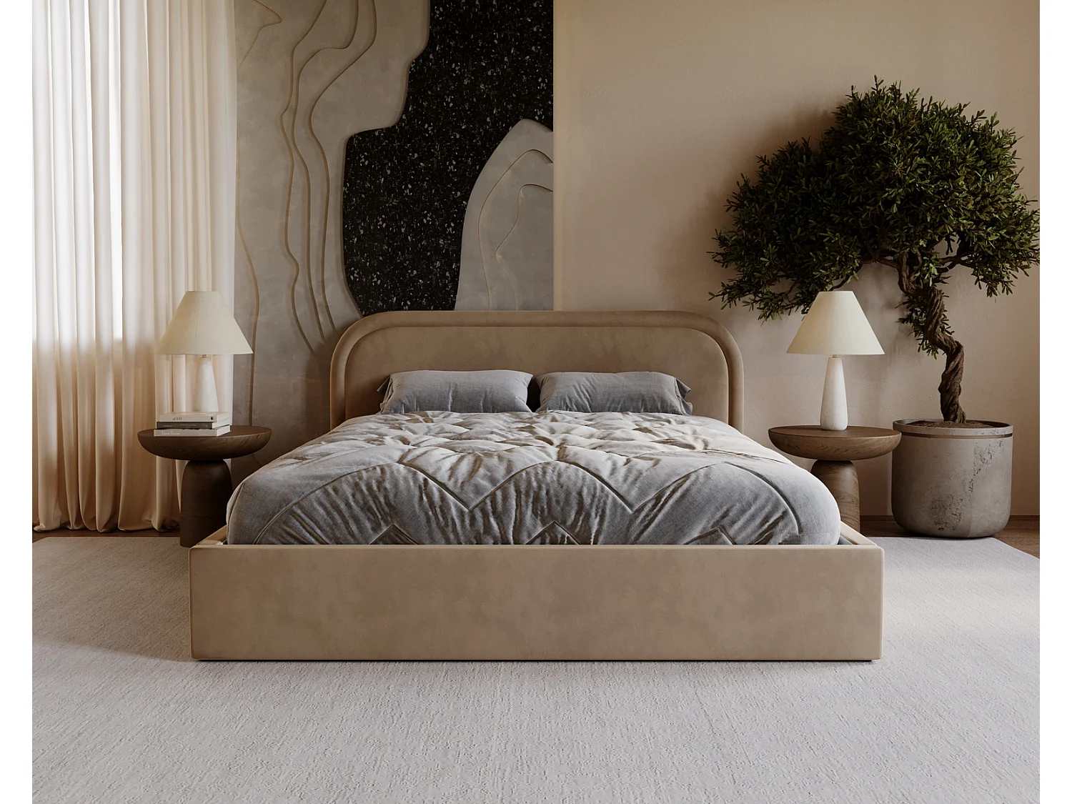 Gestoffeerd bed 140x200 Dune met rond hoofdbord, opbergruimte en lattenbodem, tweepersoonsbed, Latte