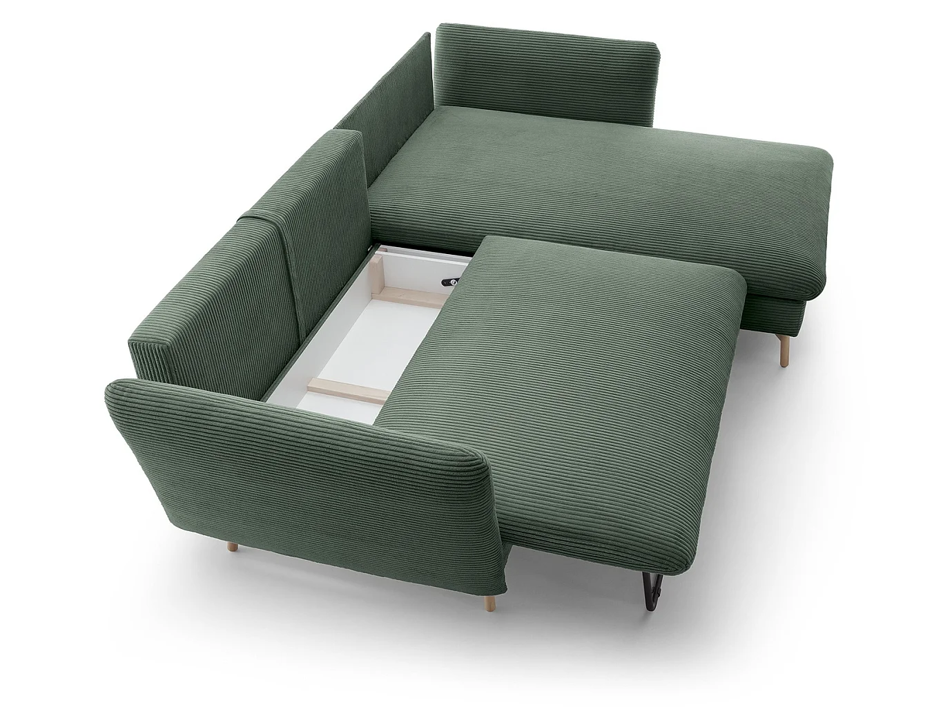 Canapé d'angle convertible Savona 260 cm, velours côtelé, droite - canapé d'angle avec coffre de rangement, vert
