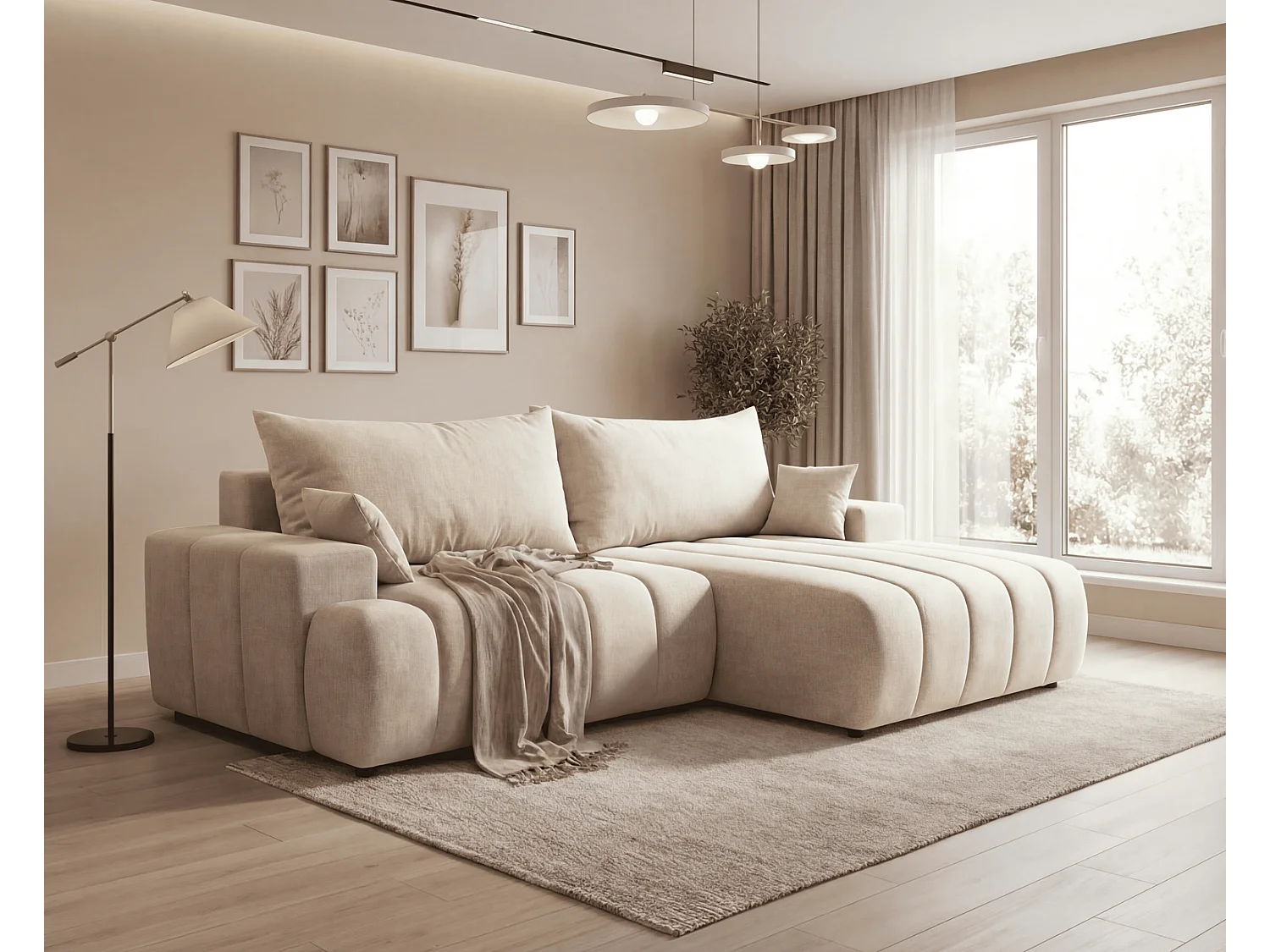 Canapé d'angle Hago 270 cm avec coffre de rangement, canapé convertible moderne, droite, beige