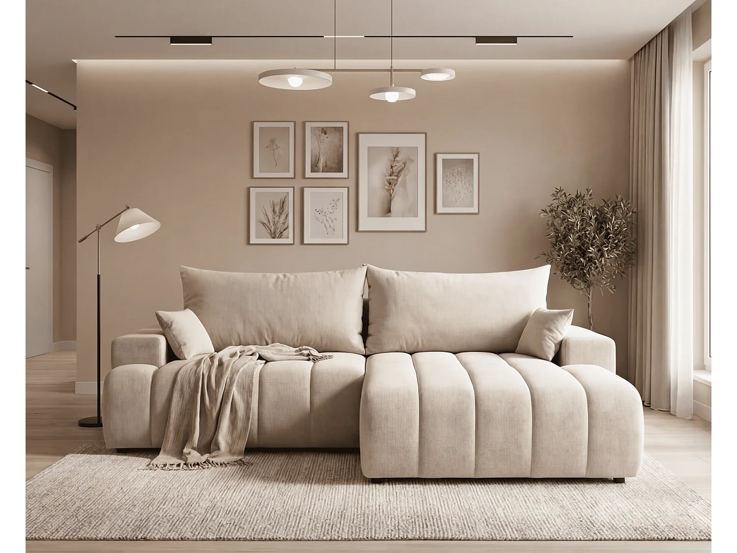Canapé d'angle Hago 270 cm avec coffre de rangement, canapé convertible moderne, droite, beige