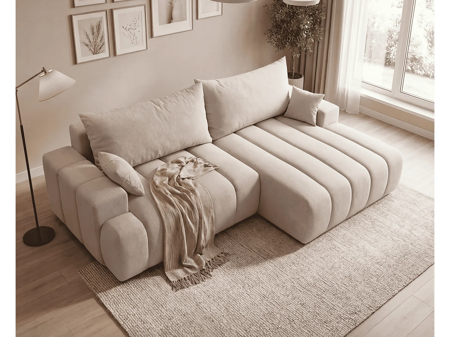 Canapé d'angle Hago 270 cm avec coffre de rangement, canapé convertible moderne, droite, beige
