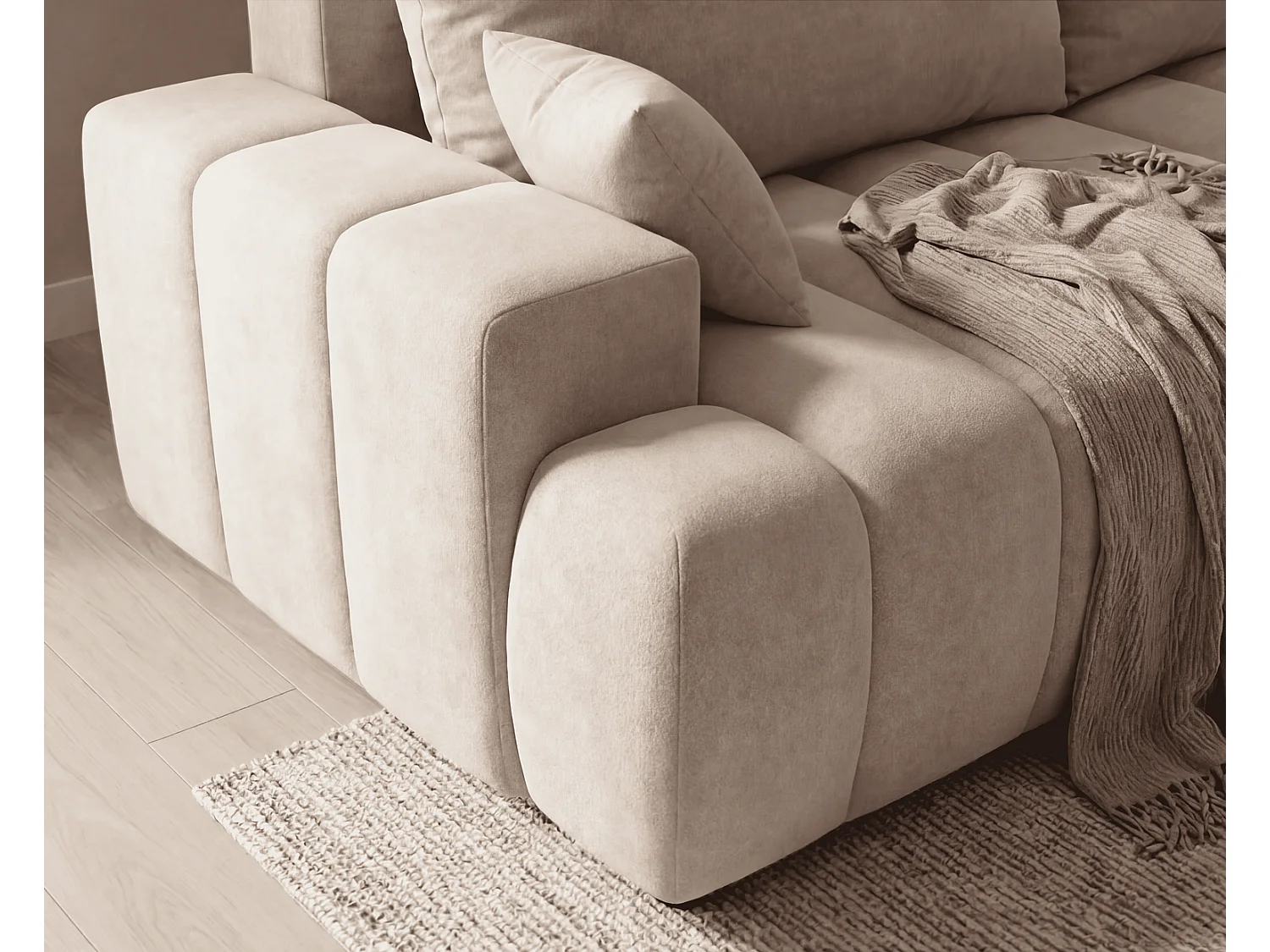 Canapé d'angle Hago 270 cm avec coffre de rangement, canapé convertible moderne, droite, beige