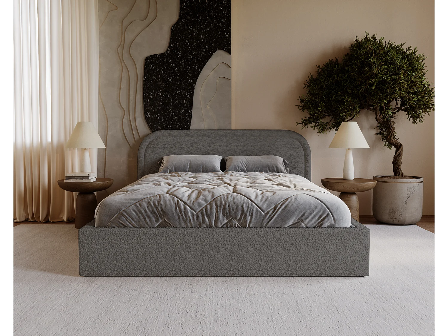 Lit bouclé 160x200 Dune avec tête de lit arrondie, coffre de rangement, sommier à lattes, Gris foncé