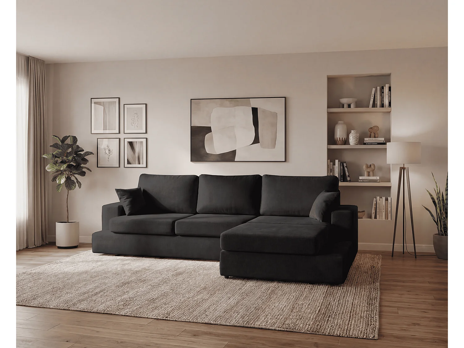 Canapé d'angle moelleux Fidenzo 260 cm, droite, non convertible, design moderne, noir