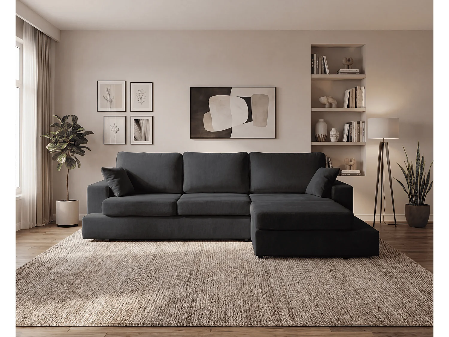 Canapé d'angle moelleux Fidenzo 260 cm, droite, non convertible, design moderne, noir