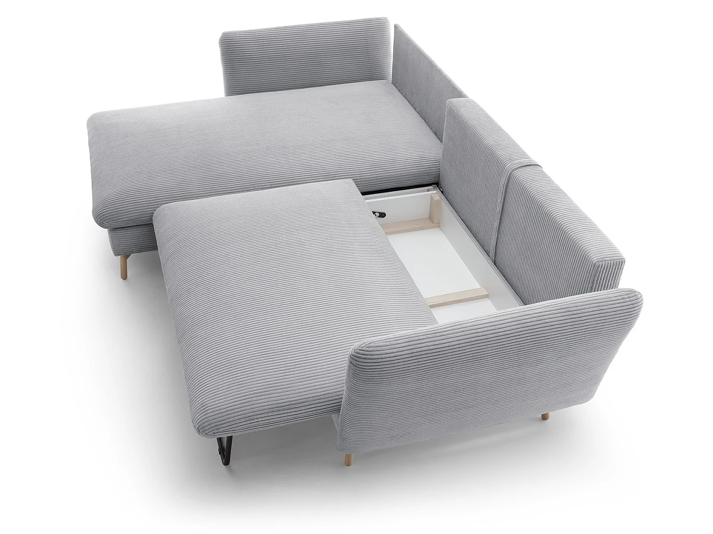 Canapé d'angle convertible Savona 260 cm, velours côtelé, gauche - canapé d'angle avec coffre de rangement, gris clair