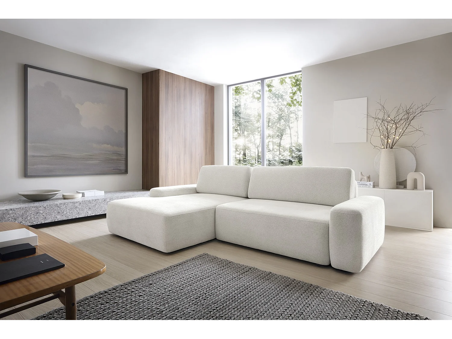 Canapé d'angle Orea M 265 cm convertible - formes arrondies, design moderne, canapé d'angle avec rangement, gauche, beige