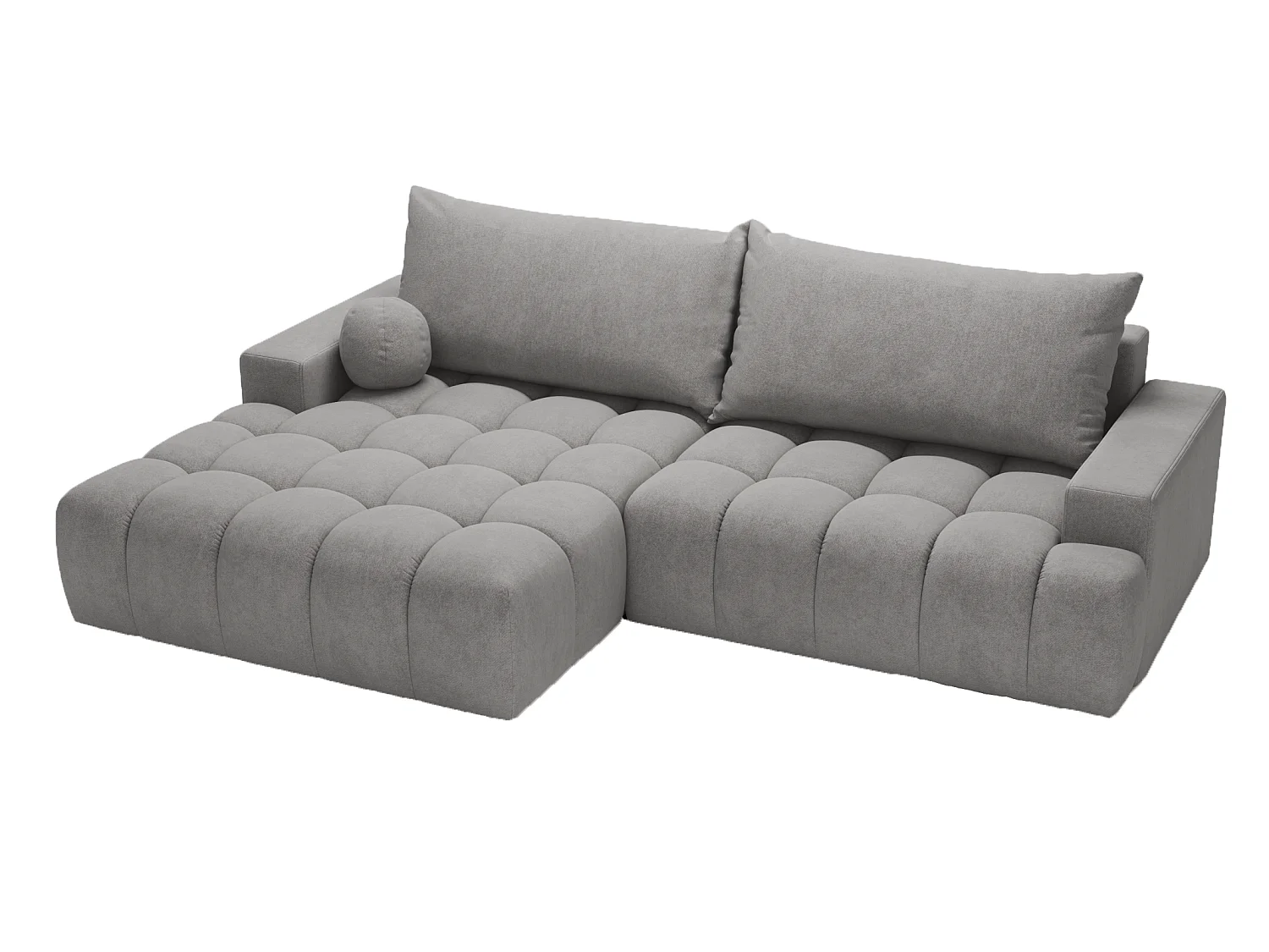 Canapé d'angle convertible Novira 270 cm pour salon, style moderne, coffre de rangement, coussins, gauche, gris