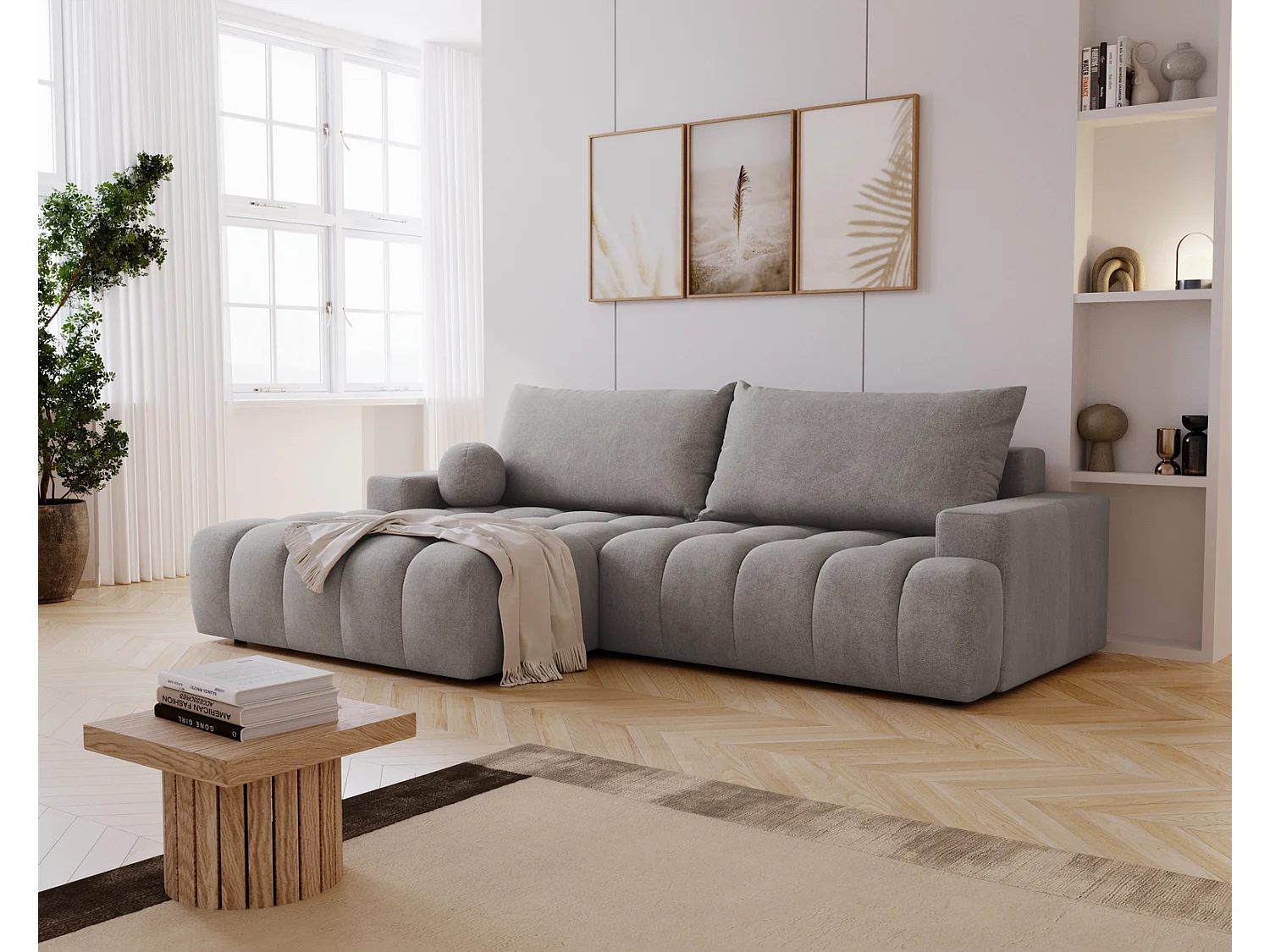 Canapé d'angle convertible Novira 270 cm pour salon, style moderne, coffre de rangement, coussins, gauche, gris