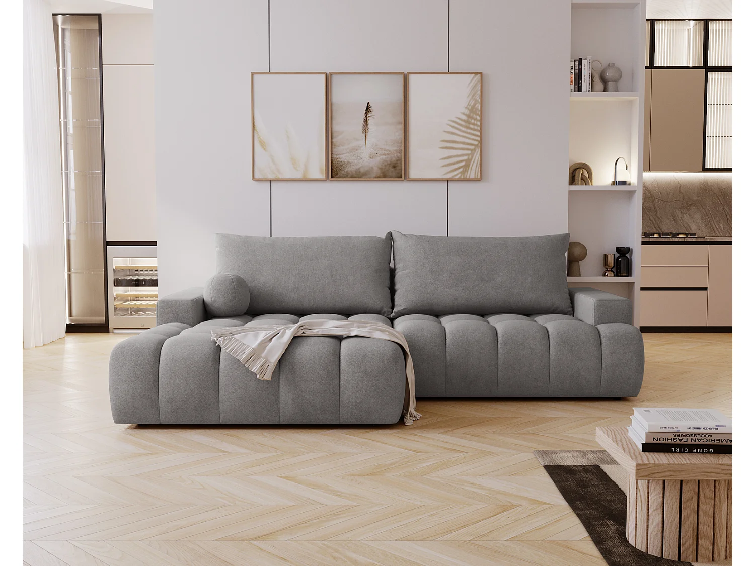 Canapé d'angle convertible Novira 270 cm pour salon, style moderne, coffre de rangement, coussins, gauche, gris
