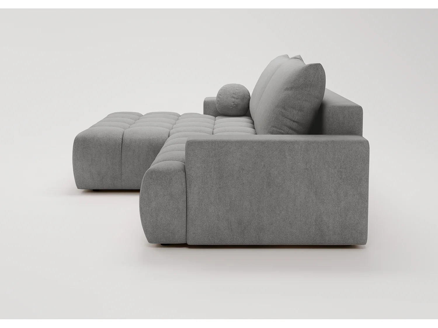 Canapé d'angle convertible Novira 270 cm pour salon, style moderne, coffre de rangement, coussins, gauche, gris