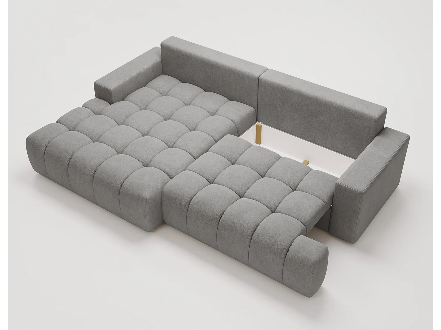 Canapé d'angle convertible Novira 270 cm pour salon, style moderne, coffre de rangement, coussins, gauche, gris