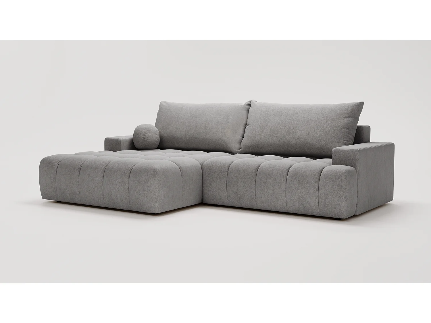 Canapé d'angle convertible Novira 270 cm pour salon, style moderne, coffre de rangement, coussins, gauche, gris