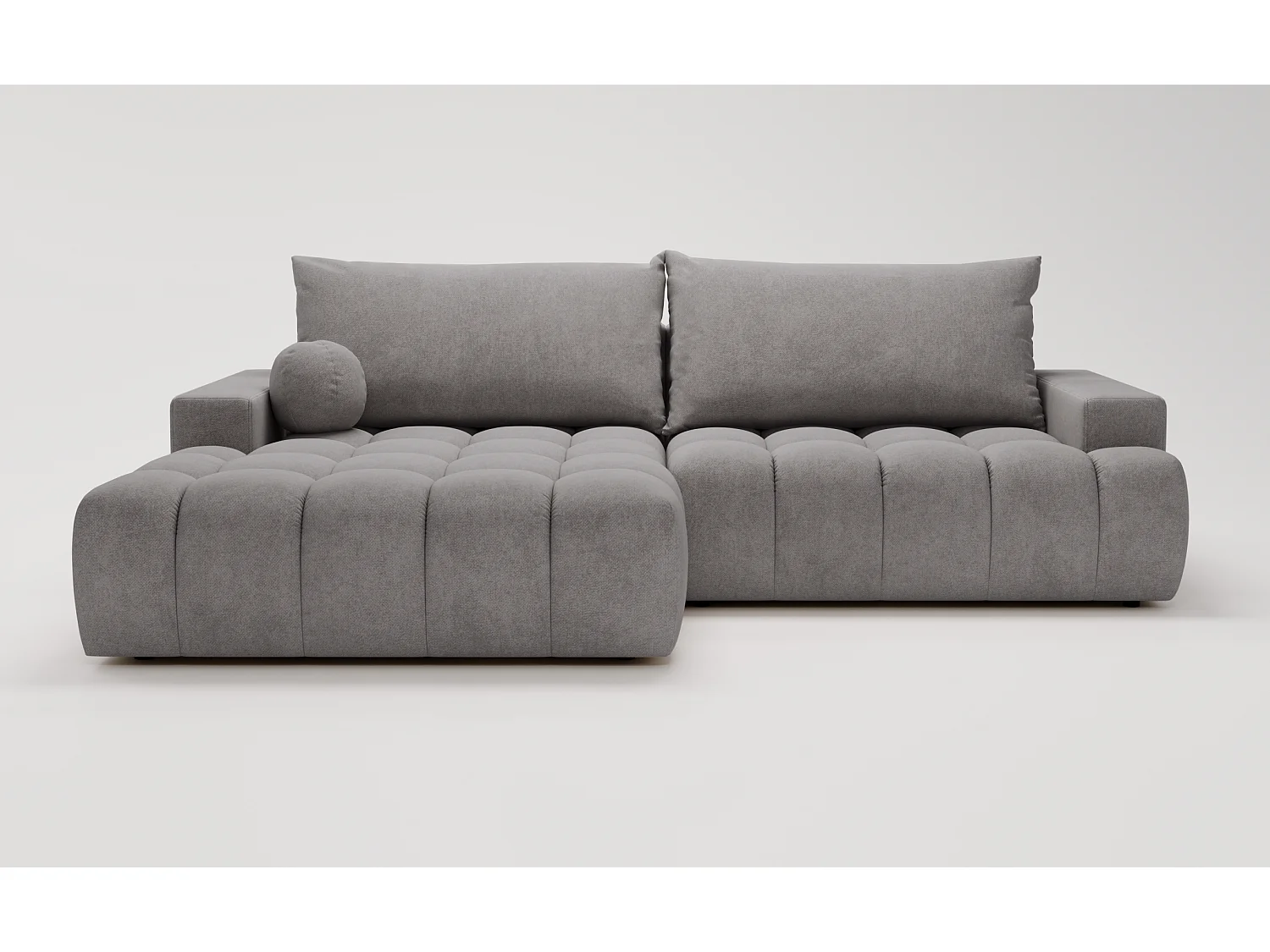 Canapé d'angle convertible Novira 270 cm pour salon, style moderne, coffre de rangement, coussins, gauche, gris