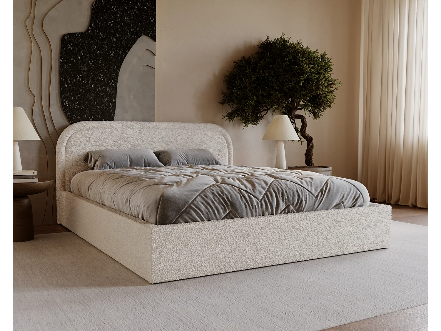 Lit bouclé 200x200 Dune avec tête de lit arrondie, coffre de rangement, sommier à lattes, Crème