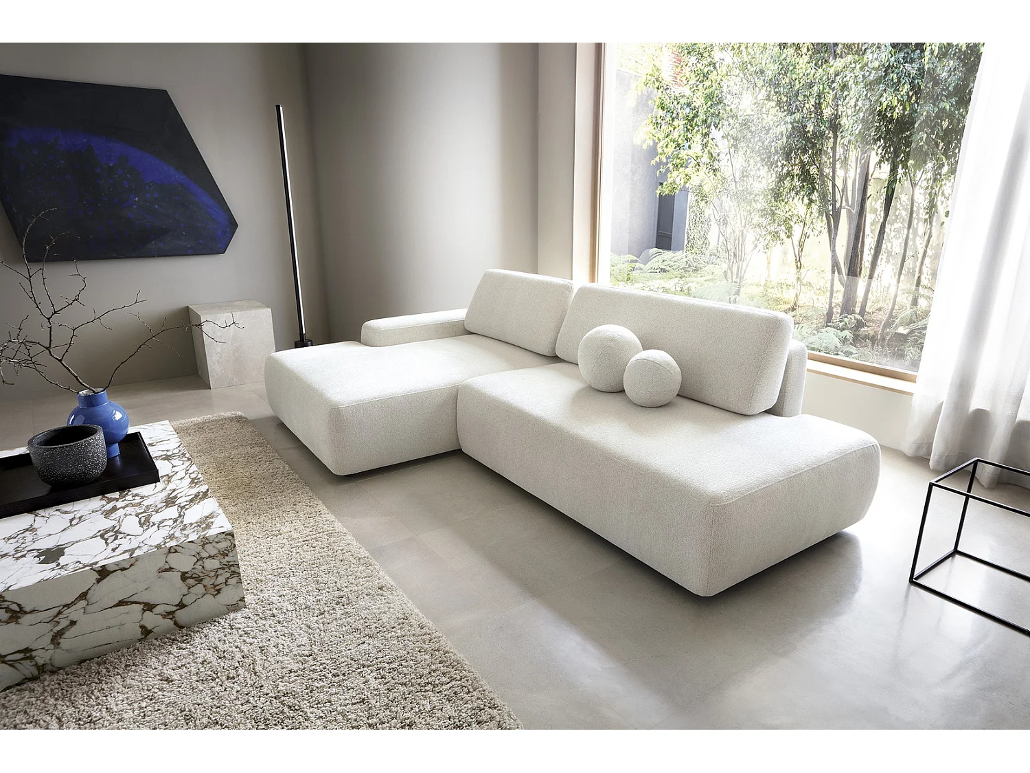 Canapé d'angle Orea O avec rangement design aux formes arrondies - canapé d'angle convertible, gauche, crème